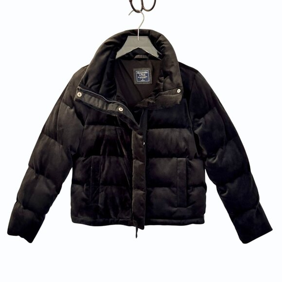 Abercrombie & Fitch Black Velvet Puffer‎ Jacket Womens Size S Quilted Snap Zip - Picture 1 of 12